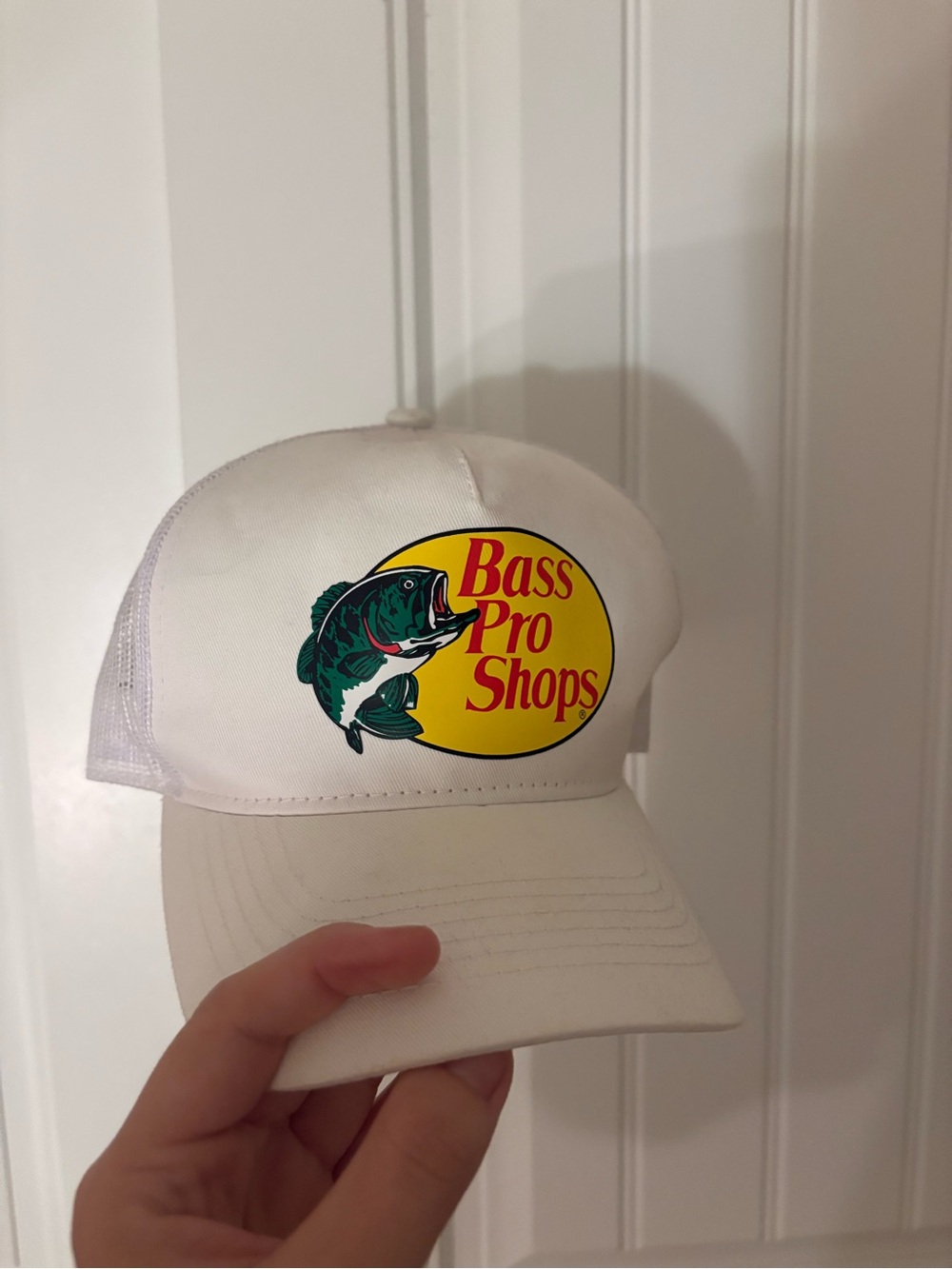 Bass Pro Shops White Cap with Yellow Logo and Green Bass